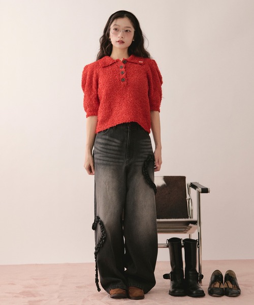 ワイドパンツ ジーンズ デニム デニムパンツ heart frill design denim / ハートフリルデザインデニム レディースの画像