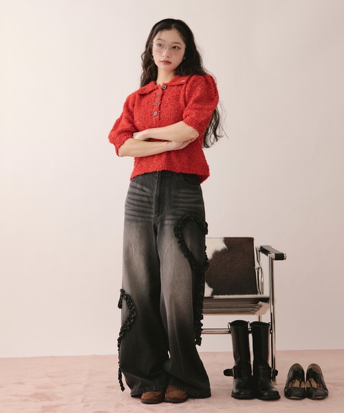 ワイドパンツ ジーンズ デニム デニムパンツ heart frill design denim / ハートフリルデザインデニム レディースの画像