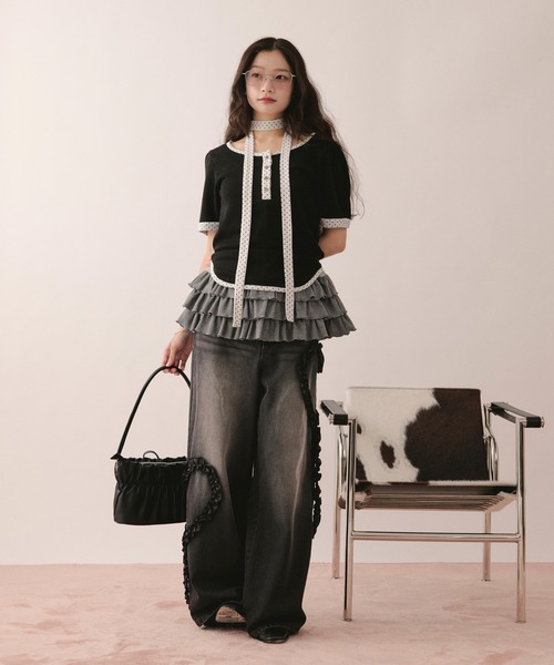 ワイドパンツ ジーンズ デニム デニムパンツ heart frill design denim / ハートフリルデザインデニム レディースの画像
