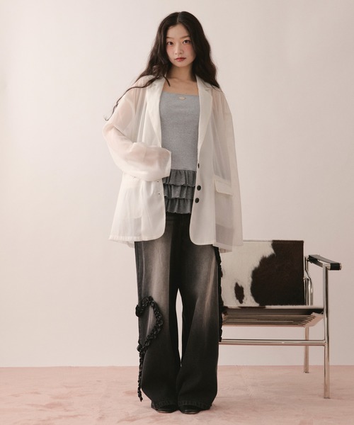 ワイドパンツ ジーンズ デニム デニムパンツ heart frill design denim / ハートフリルデザインデニム レディースの画像