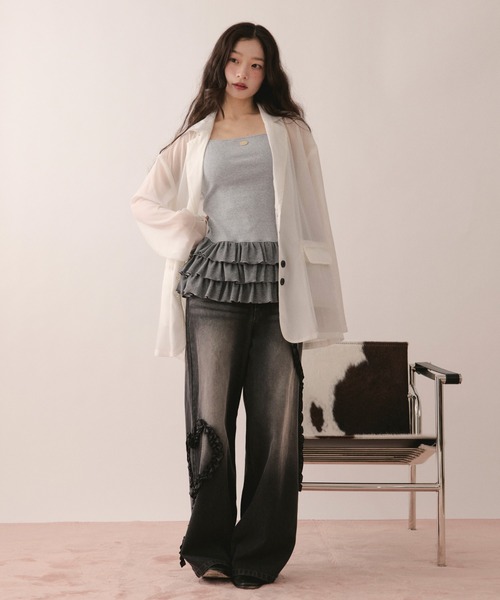 ワイドパンツ ジーンズ デニム デニムパンツ heart frill design denim / ハートフリルデザインデニム レディースの画像