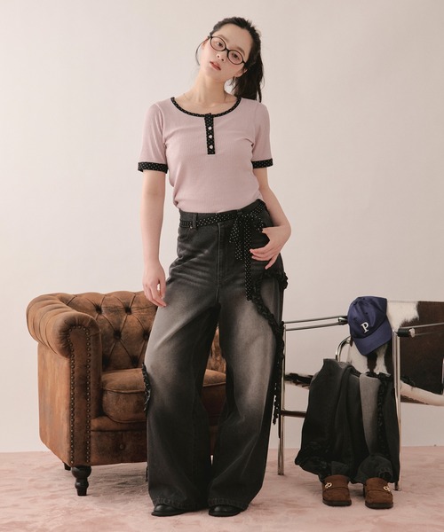 ワイドパンツ ジーンズ デニム デニムパンツ heart frill design denim / ハートフリルデザインデニム レディースの画像