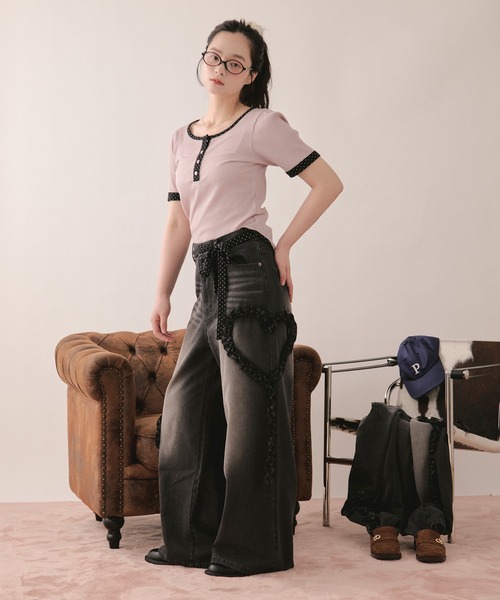 ワイドパンツ ジーンズ デニム デニムパンツ heart frill design denim / ハートフリルデザインデニム レディースの画像
