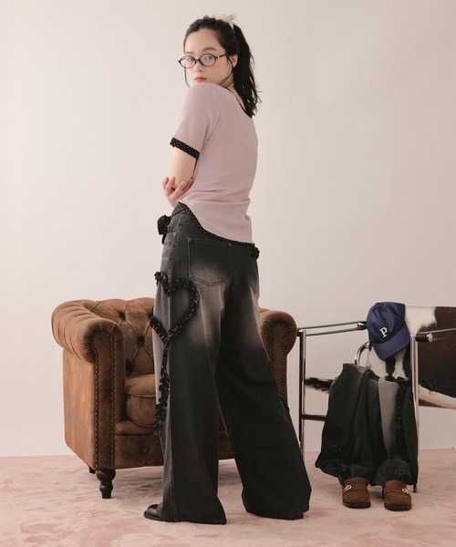 ワイドパンツ ジーンズ デニム デニムパンツ heart frill design denim / ハートフリルデザインデニム レディースの画像