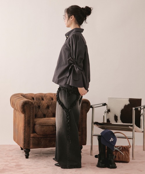 ワイドパンツ ジーンズ デニム デニムパンツ heart frill design denim / ハートフリルデザインデニム レディースの画像