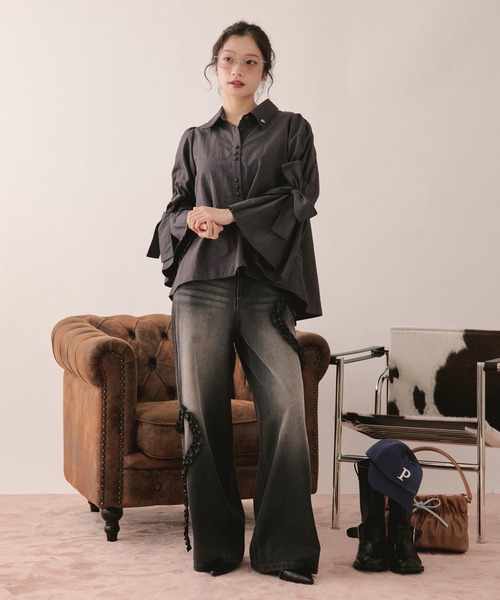 ワイドパンツ ジーンズ デニム デニムパンツ heart frill design denim / ハートフリルデザインデニム レディースの画像