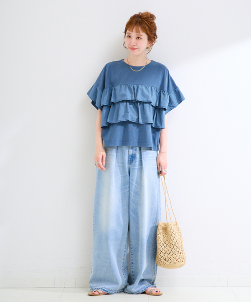 イタリア夏のカジュアルセット フリル袖Tシャツ&フラットサンダル B.C STOCK（ベーセーストック） tシャツ 半袖 ウォッシャブル / フリル