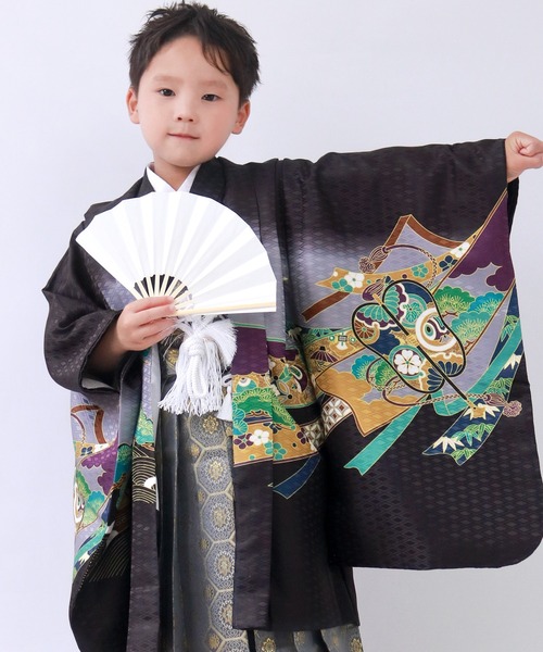 七五三★男児　羽織　着物　袴セット★5歳～ ★黒★古典★鷹　u-450 KYOETSU（京越） 着物 5歳 七五三 鷹兜松 羽織袴 12点セット キッズ