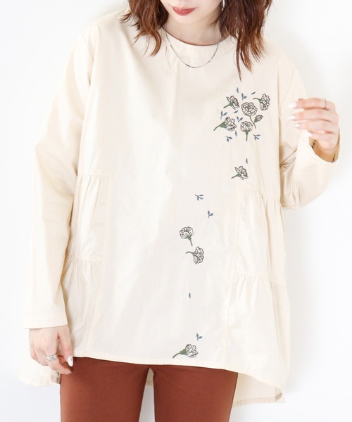 ブラウス シャツ EMAGO 花刺繍ティアードチュニック レディース