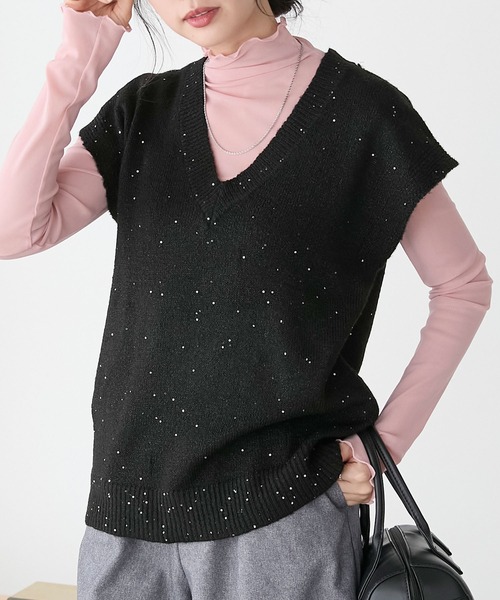 ベスト ジレ ラメVネックニットベスト レディース She's Closet ベスト ジレ オーバーサイズ深Vネックロング丈
