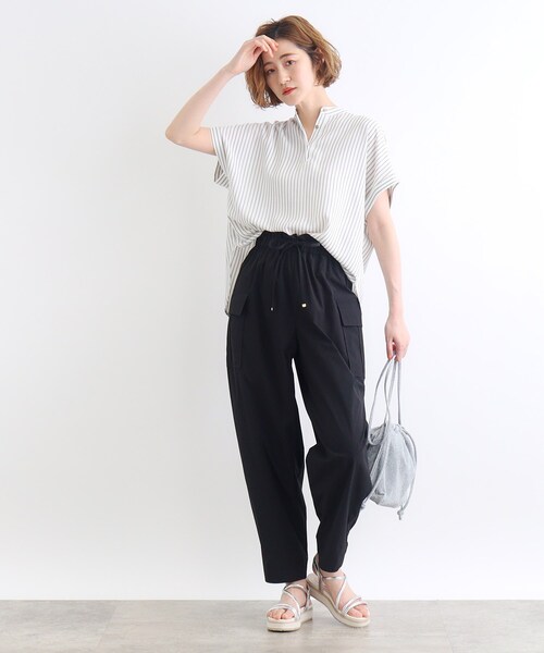ブラウス シャツ ストライプフレアスリーブブラウス「接触冷感」 レディース grove ブラウス シャツ 「イージーケア・接触冷感」ストライプ