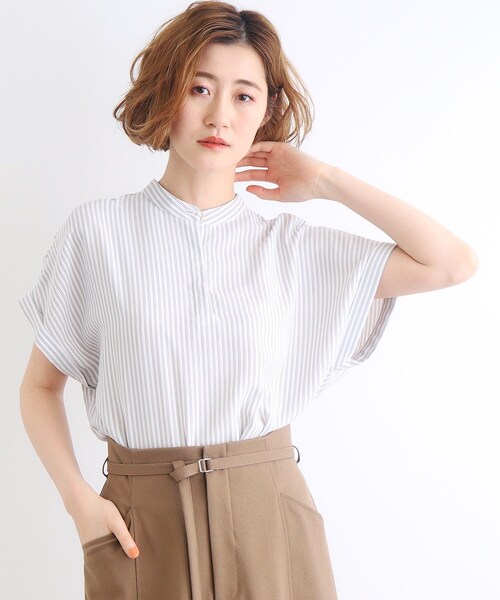 ブラウス シャツ シアーストライプ柄ブラウス/接触冷感/洗える レディース INDIVI ブラウス シャツ 「洗える」シアーストライプ柄ボウタイ