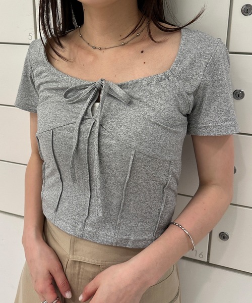 tシャツ フロントリボンTシャツ レディース solleim tシャツ フロントリボンギャザーTシャツ レディース
