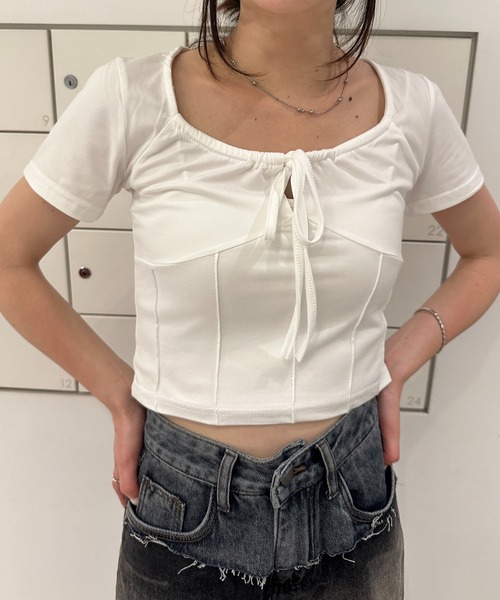 solleim tシャツ フロントリボンギャザーTシャツ レディース