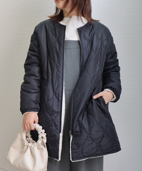libelle more ノーカラーコート コート 中綿キルト×裏ボア