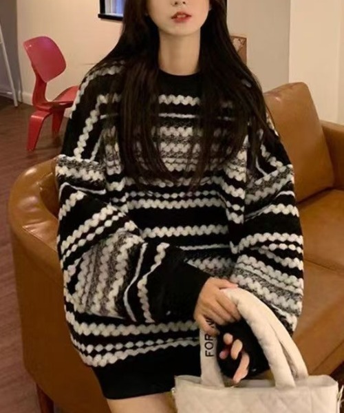毛長 ルーズストライプセーター 韓国 853 楽天市場】ボーダー 長袖 韓国（ニット・セーター｜トップス
