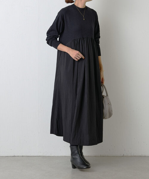 BEARDSLEY ワンピース ドットニットコンビギャザーワンピース  