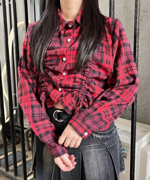 kilki ブラウス　ブラードプレイド 個性的　チェック　半袖　シャツ　レッド kilki ブラウス ブラードプレイド 個性的 チェック 半袖 シャツ レッド
