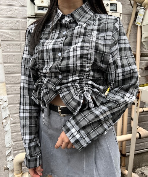 ブラウス シャツ クロップドドロストチェックシャツ レディース メンズ