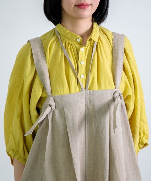 【極美品】Honnete⭐️アイリッシュリネン ノーカラーワンピース　カーキ 極美品】Honnete⭐️アイリッシュリネン ノーカラーワンピース