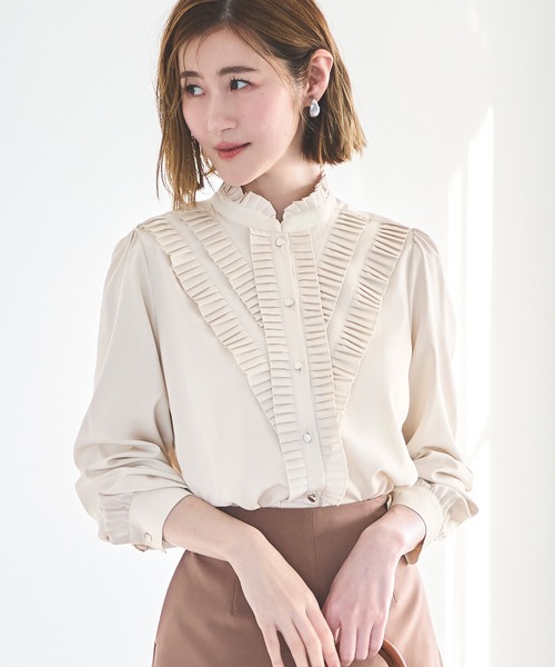 シャツ/ブラウス(長袖/七分) FETICO / RUFFLED SILK BLOUSE ( Beige ) セール】〈手洗い可能〉シルク混 シャイニー フリル スリーブ ブラウス