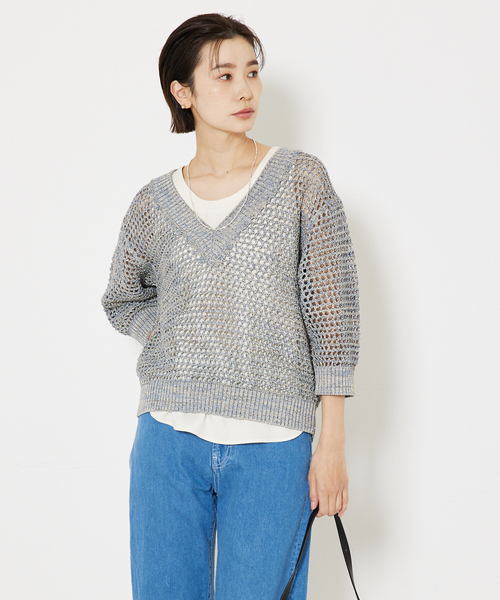 qualite ニット セーター ラメローゲージVネックニット