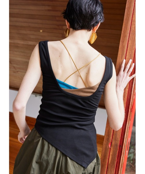 OMMO レイヤードリブタンク アシメ 黒 バッククロス D531 OMMO（オーエムエムオー） タンクトップ ノースリーブ LAYERED RIB