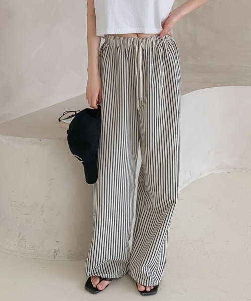 ストライプ ワイドパンツ ボタン付き パンツ ストライプワイドパンツ レディース : ZOZOTOWN Yahoo!店