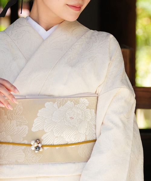 utatane 帯単品 小袋帯 博多織 長尺 正絹 牡丹 ベージュ×ホワイト 日本