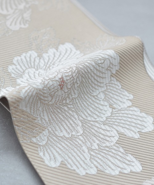 utatane 帯単品 小袋帯 博多織 長尺 正絹 牡丹 ベージュ×ホワイト 日本