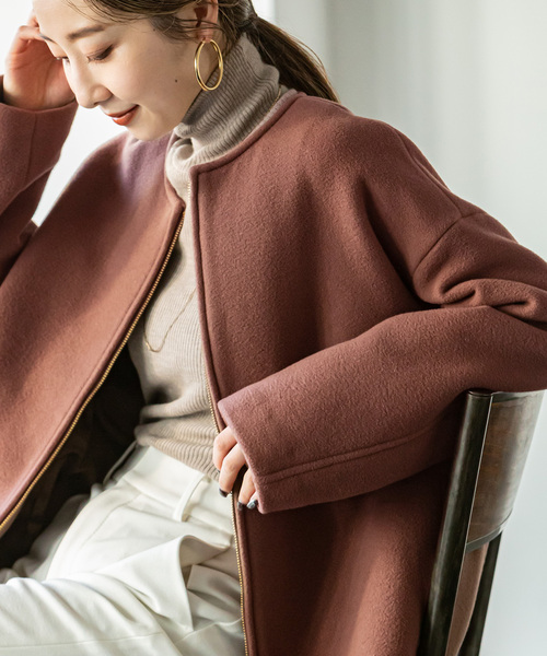 【極美品】 Noble(ノーブル) ノーカラーコート ジップ カシミヤ混 36 極美品】 Noble(ノーブル) ノーカラーコート ジップ カシミヤ混 36