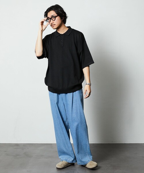 「FREAK'S STORE」 7分袖ポロシャツ MEDIUM ブラック メンズ