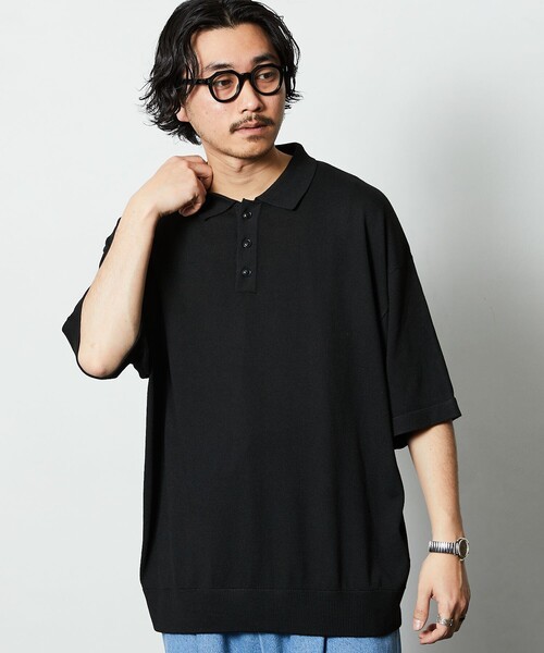 「FREAK'S STORE」 7分袖ポロシャツ MEDIUM ブラック メンズ
