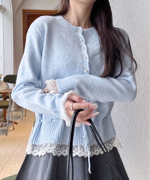【美品】Her lip to レーストリムパールボタンカーディガン　可愛い Ada. カーディガン パールボタン レースデザイン リボン ドローコード