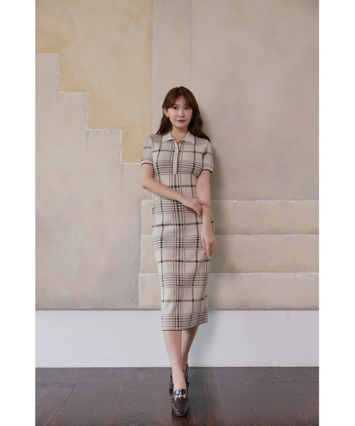 Her lip to ワンピース 半袖 Gold-Buttoned Plaid Knit Dress