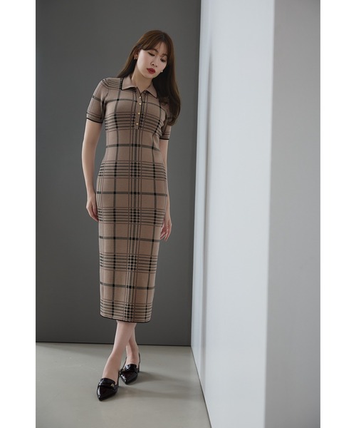 Her lip to ワンピース 半袖 Gold-Buttoned Plaid Knit Dress