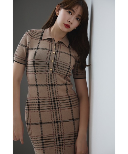 Her lip to ワンピース 半袖 Gold-Buttoned Plaid Knit Dress