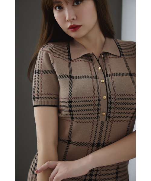 ワンピース Herlipto Gold-Buttoned Plaid Knit Dress Her lip to ワンピース 半袖 Gold-Buttoned Plaid Knit Dress