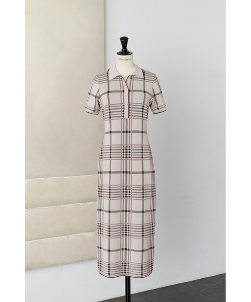 Her lip to ワンピース 半袖 Gold-Buttoned Plaid Knit Dress