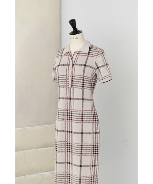 Her lip to ワンピース 半袖 Gold-Buttoned Plaid Knit Dress