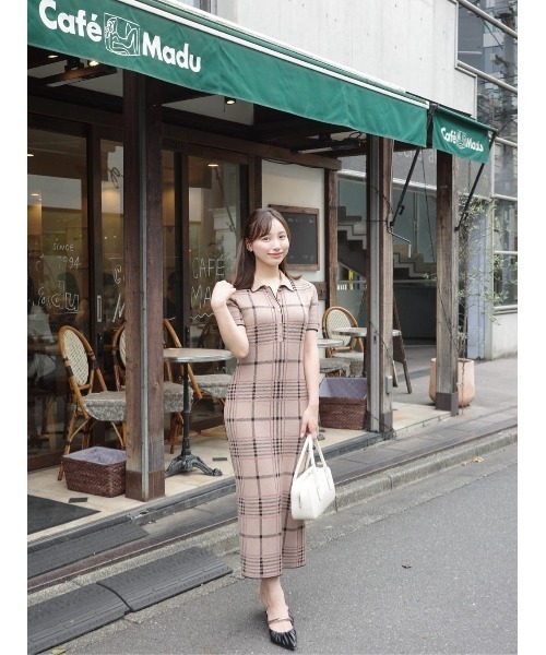Her lip to ワンピース 半袖 Gold-Buttoned Plaid Knit Dress