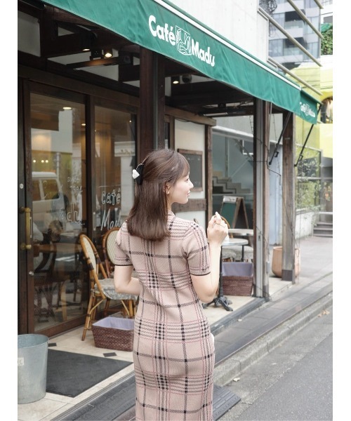 Her lip to ワンピース 半袖 Gold-Buttoned Plaid Knit Dress