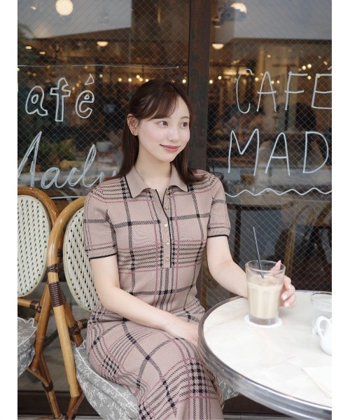 Her lip to ワンピース 半袖 Gold-Buttoned Plaid Knit Dress
