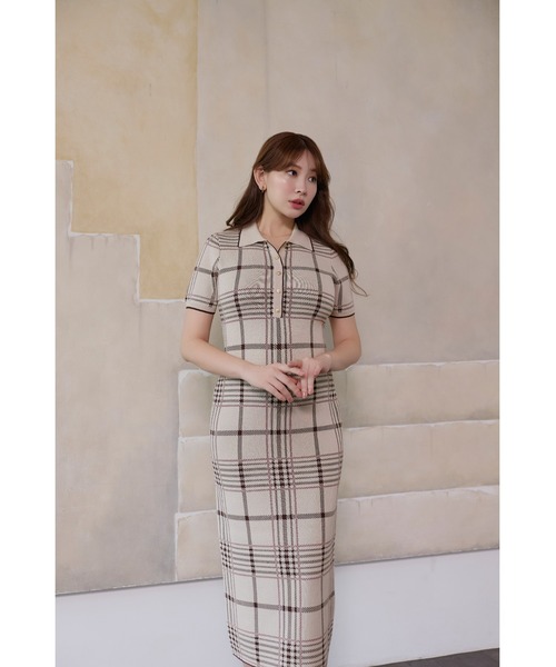 Her lip to ワンピース 半袖 Gold-Buttoned Plaid Knit Dress