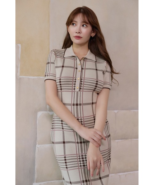 Her lip to ワンピース 半袖 Gold-Buttoned Plaid Knit Dress
