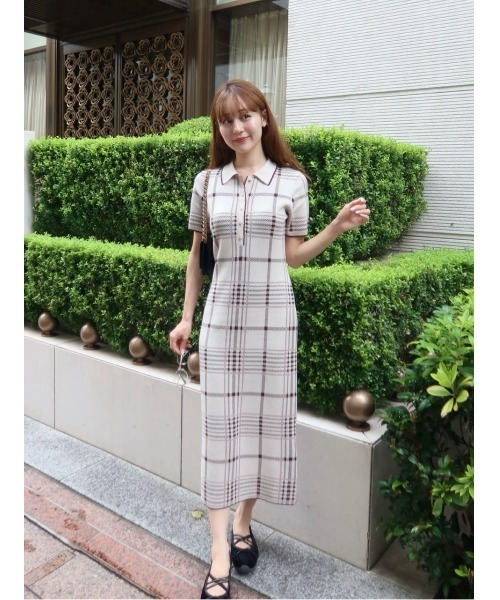 Her lip to ワンピース 半袖 Gold-Buttoned Plaid Knit Dress