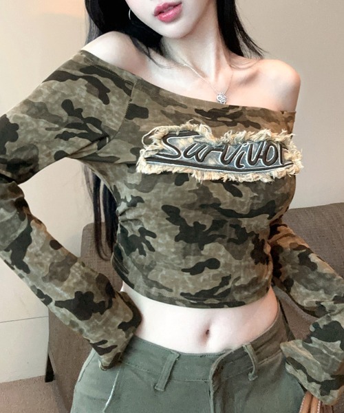 Riff（リフ） tシャツ 迷彩柄オフショルトップス レディース