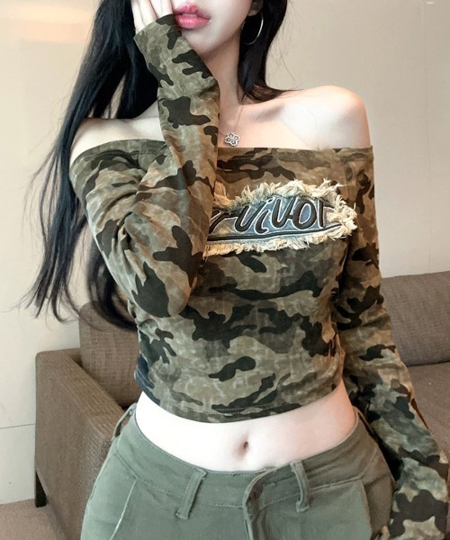 Riff（リフ） tシャツ 迷彩柄オフショルトップス レディース