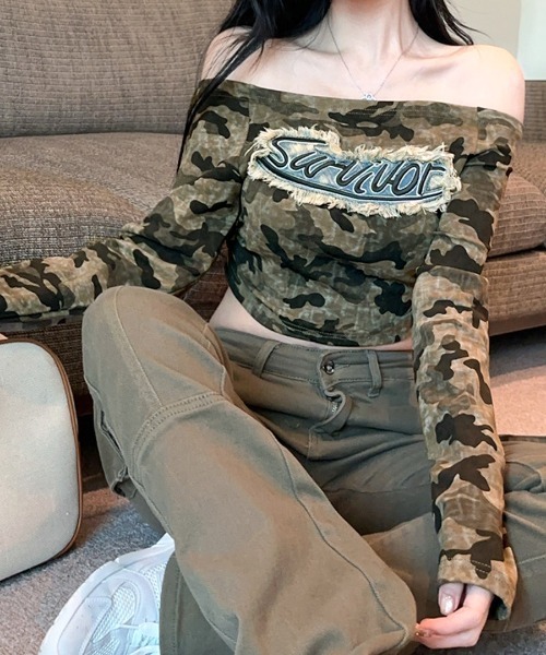Riff（リフ） tシャツ 迷彩柄オフショルトップス レディース
