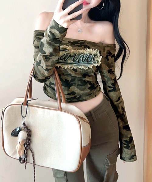 Riff（リフ） tシャツ 迷彩柄オフショルトップス レディース